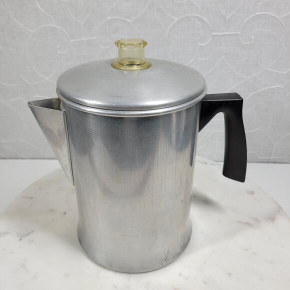 Mirro Percolator Coffee Pot 9 Cup Aluminum Glass Knob Lid Black Handle Stovetop - Picture 1 of 16